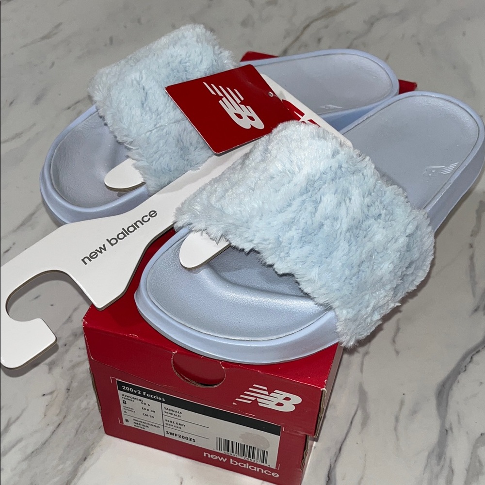 NWT New Balance Sky Blue Fuzzy Slides